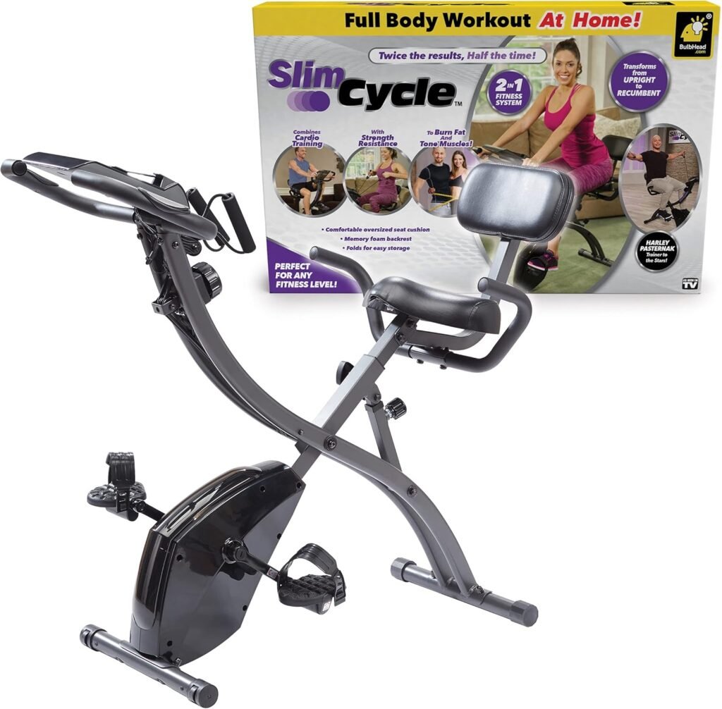 BulbHead As Seen On TV Slim Cycle Stationary Bike, Most Comfortable Exercise Machine, Thick, Extra-Wide Seat  Back Support Cushion, Recline or Upright Position, Twice The Results in Half The Time