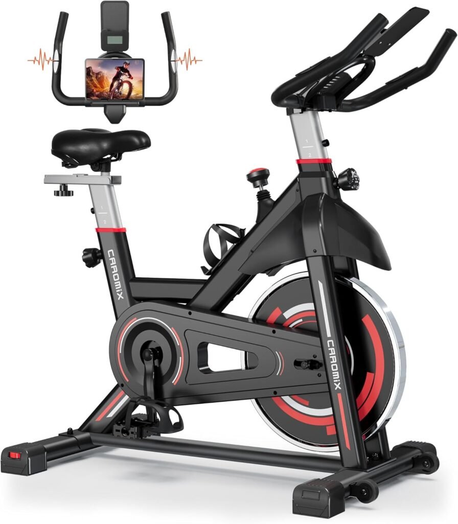 Caromix Exercise Bike Indoor Stationary Bike with Comfortable Seat Cushion, Monitor with Pulse  Ipad Mount for Home Cardio Gym with 300lbs Weight Capacity