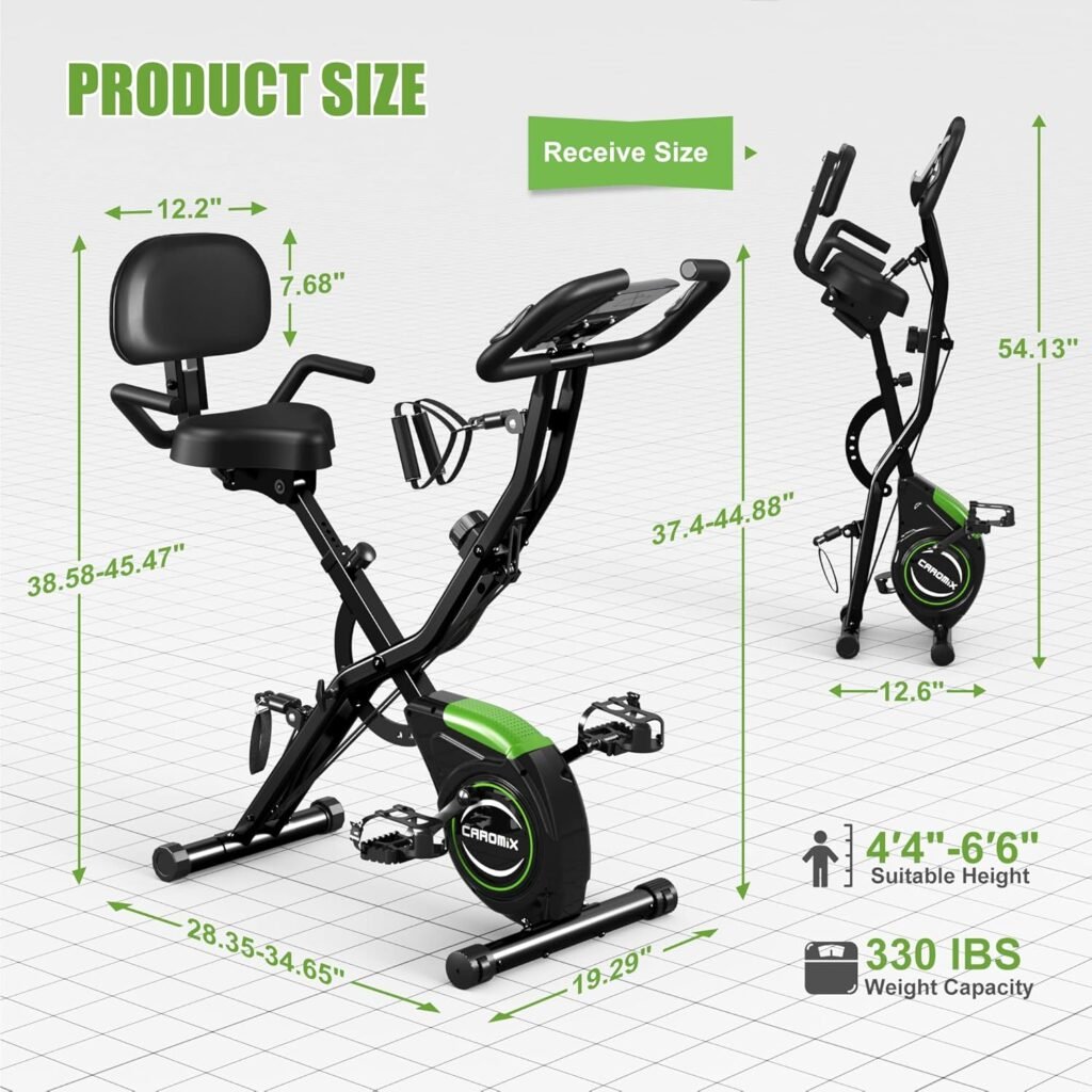 Caromix Folding Exercise Bike, 4 in 1 Stationary Bike 16-Level Magnetic Resistance Cycling Bicycle Upright Indoor Cycling Bike for Home Workout 330LB Capacity