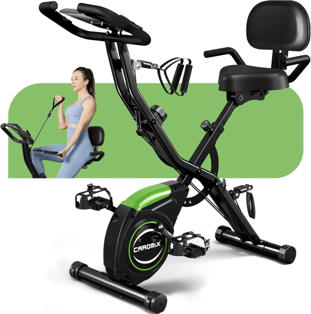 Caromix Folding Exercise Bike, 4 in 1 Stationary Bike 16-Level Magnetic Resistance Cycling Bicycle Upright Indoor Cycling Bike for Home Workout 330LB Capacity