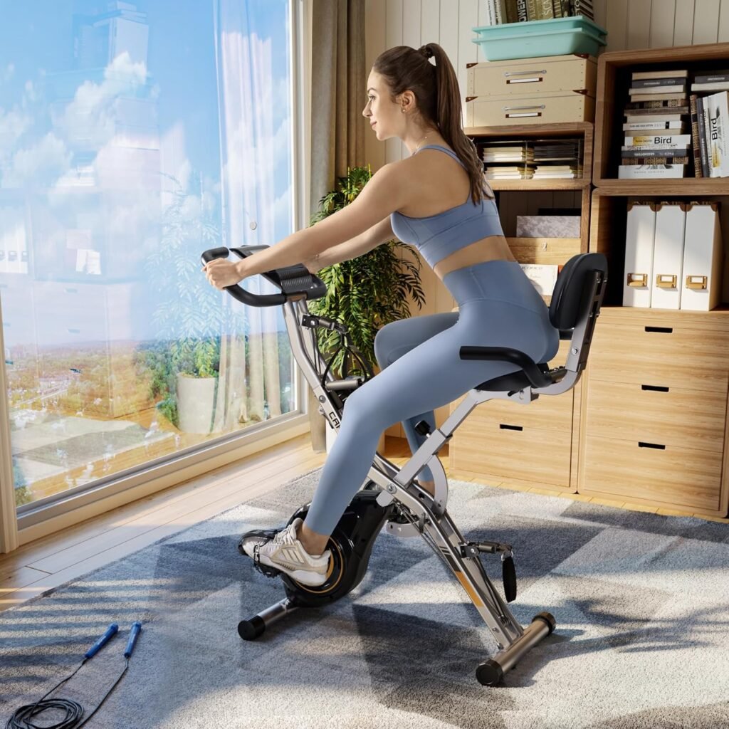 Caromix Folding Exercise Bike, 4 in 1 Stationary Bike 16-Level Magnetic Resistance Cycling Bicycle Upright Indoor Cycling Bike for Home Workout 330LB Capacity
