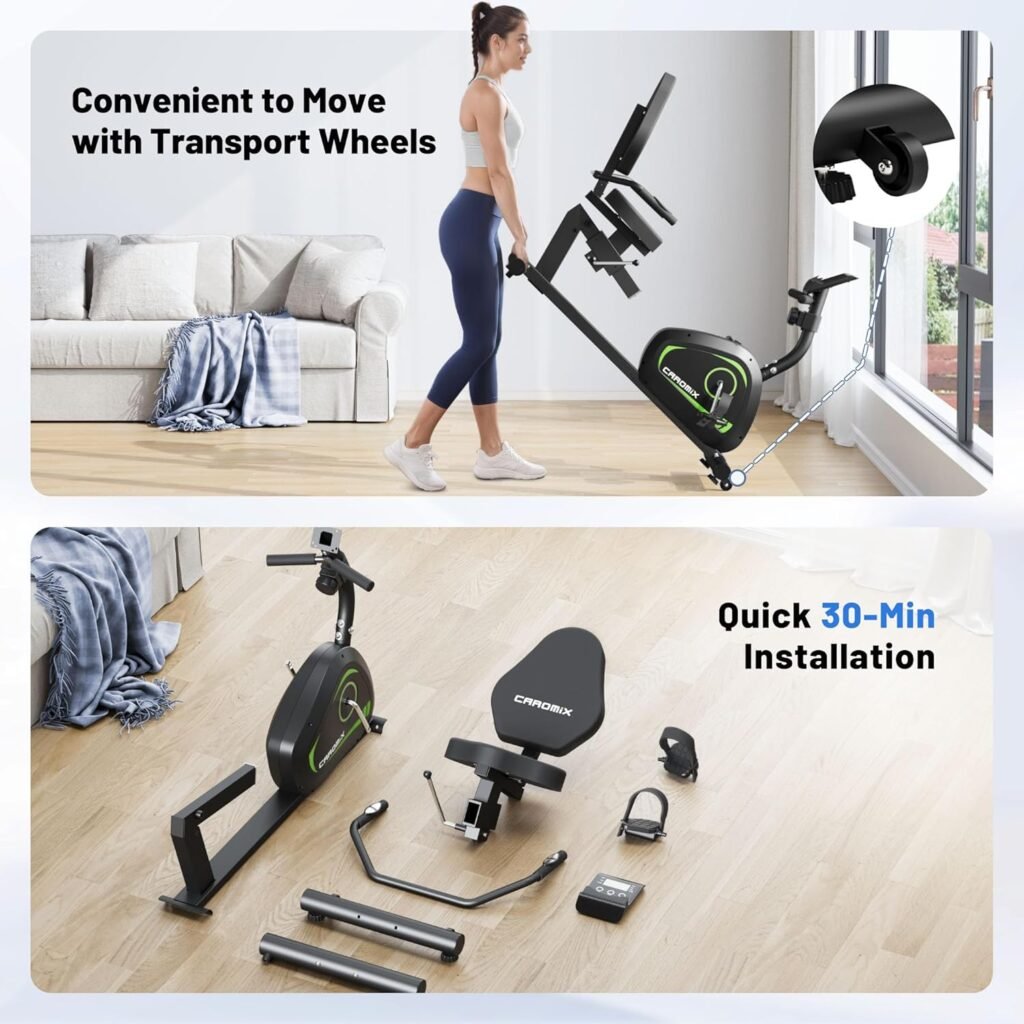 Caromix Recumbent Exercise Bike for Adults Seniors, Stationary Bike for Home with Comfortable Seat and Heart Rate Handle, Magnetic Resistance Indoor Cycling Bike with 300LBS for Cardio Workout