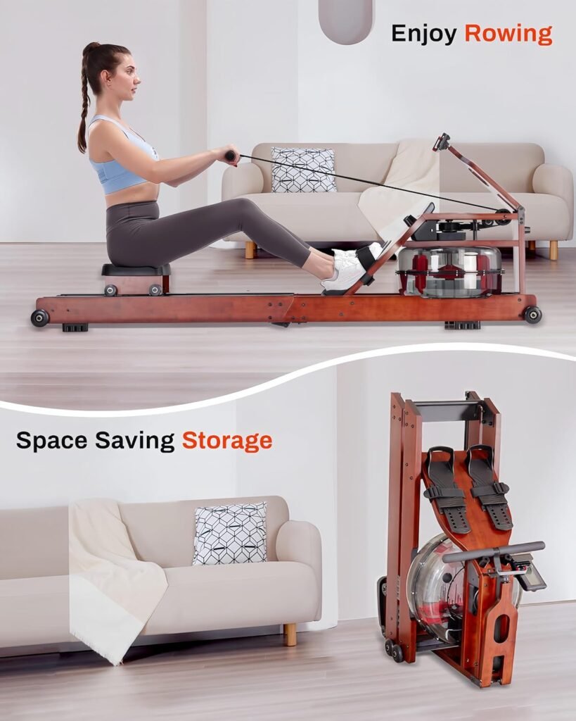ECHANFIT Water Rowing Machines for Home，Foldable Rower with 400LBS Max Load, Rowing Machine with 360° Adjustable Device Holder, Professional Monitor and 3 App Compatible