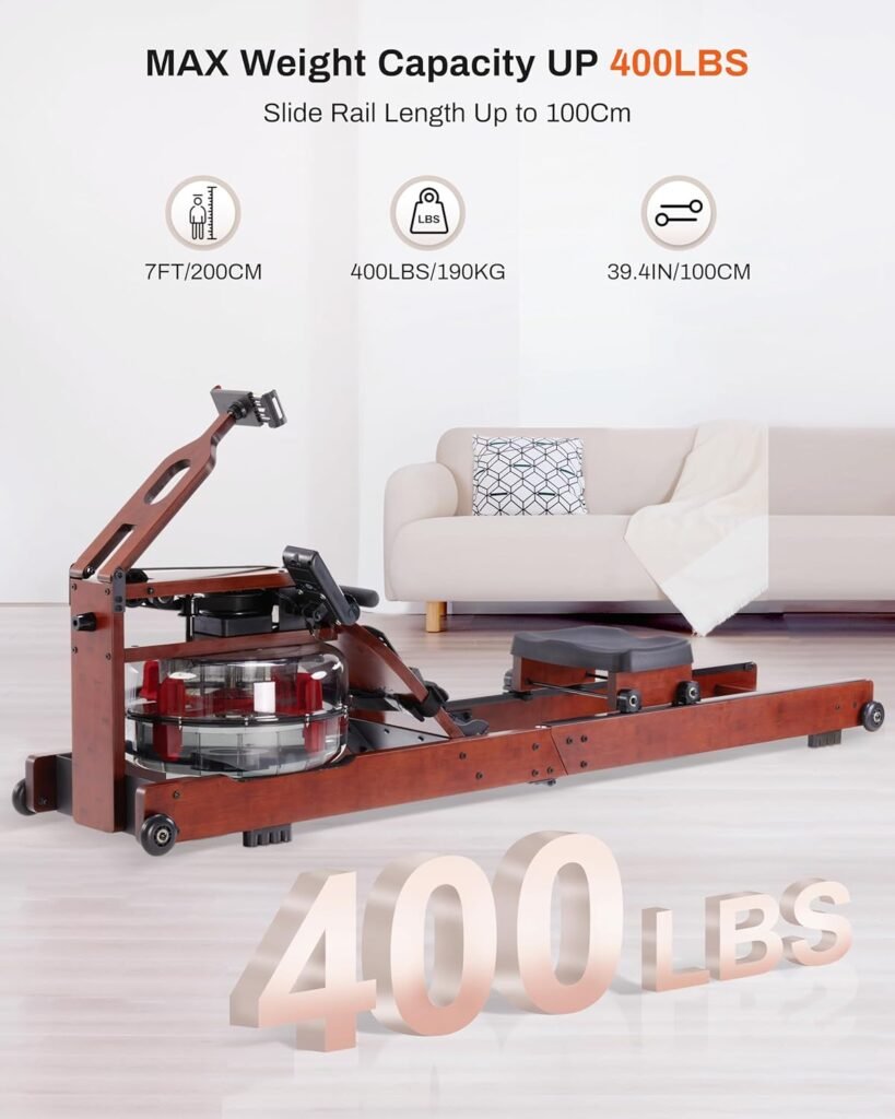 ECHANFIT Water Rowing Machines for Home，Foldable Rower with 400LBS Max Load, Rowing Machine with 360° Adjustable Device Holder, Professional Monitor and 3 App Compatible
