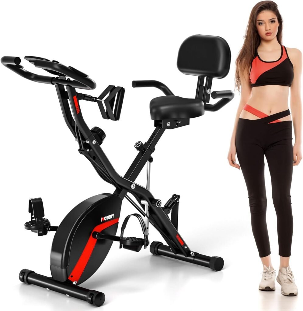 Exercise Bike, MOSUNY 5-in-1 Stationary Bike With 10DB Super-Silent, Folding Exercise Bike with 16-Level Adjustable Magnetic Resistance, 350 LBS Indoor Cycling Bike For Home Workout