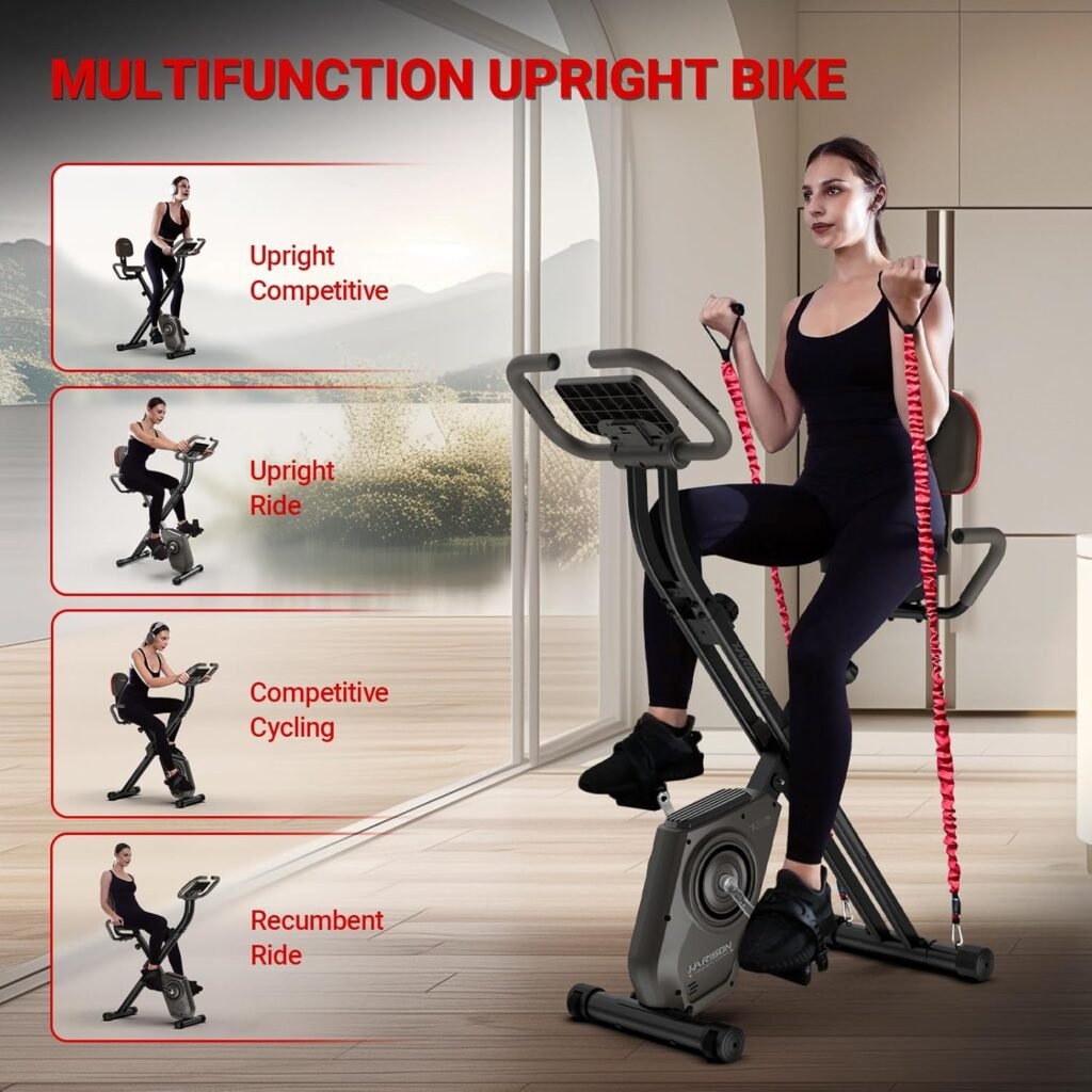 HARISON Foldable Exercise Bike with Arm Resistance Bands 350 LBS Capacity, 5 in 1 Magnetic Stationary Bikes for Home with 16-Level Resistance and Bluetooth, Magnetic X-Bike with LCD Monitor  Back Support