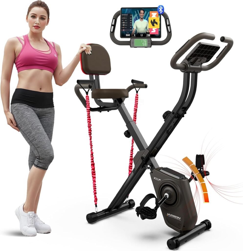 HARISON Foldable Exercise Bike with Arm Resistance Bands 350 LBS Capacity, 5 in 1 Magnetic Stationary Bikes for Home with 16-Level Resistance and Bluetooth, Magnetic X-Bike with LCD Monitor  Back Support