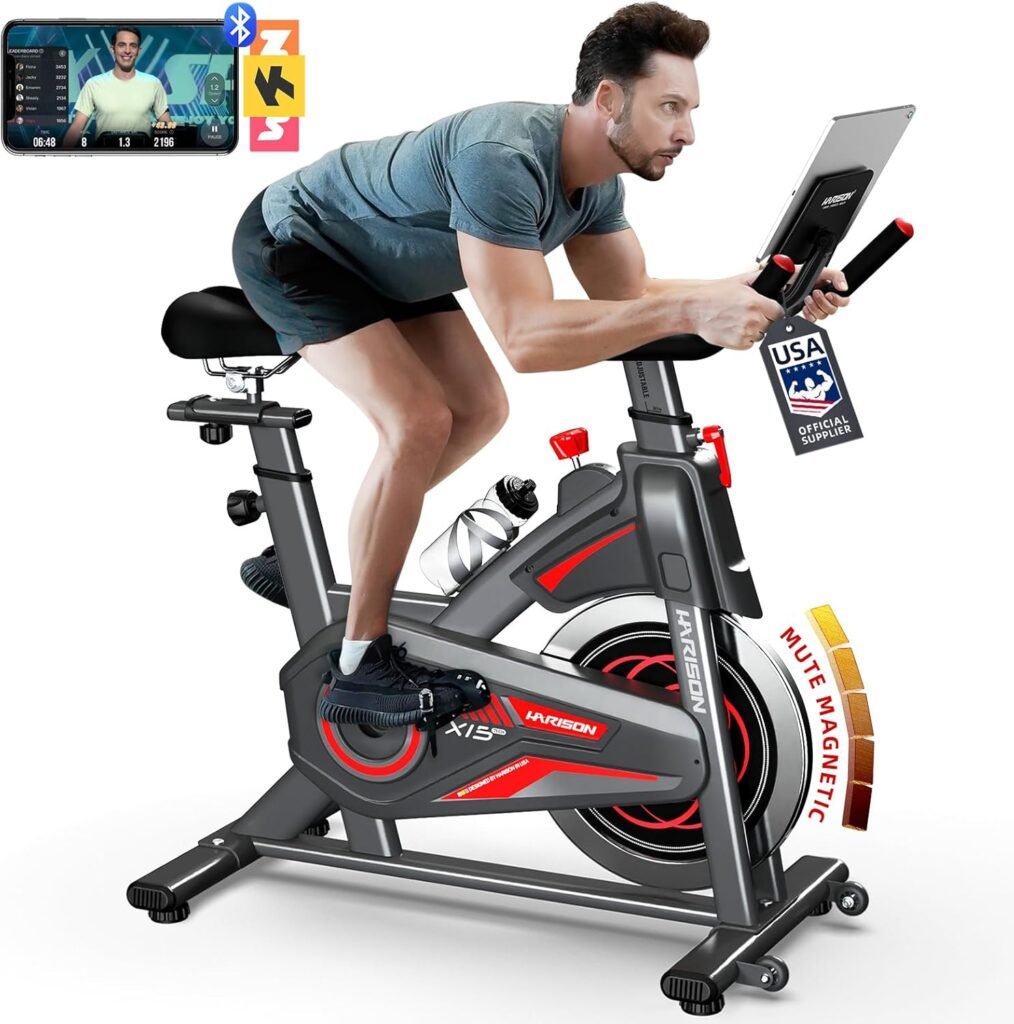 HARISON Magnetic/Brake Pad Exercise Bike 350lbs Capacity, Bluetooth Stationary Bikes for Home with Tablet Holder  Comfortable Seat Cushion