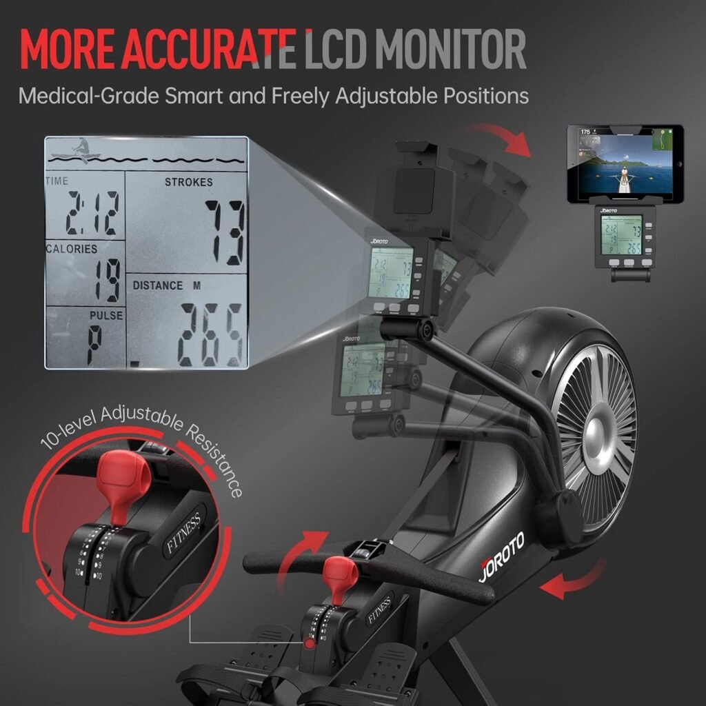JOROTO Rowing Machine - Air  Magnetic Resistance Rowing Machines for Home Use, Commercial Grade Foldable Rower Machine with Bluetooth  Smart Backlit Monitor - 350LBS Load