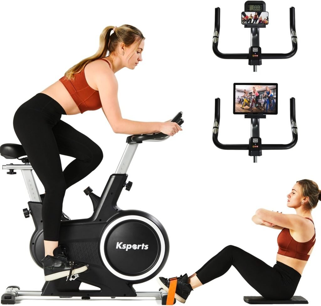 Ksports Home Magnetic Resistance Adjustable Cardio Exercise Stationary Bike for Home Gyms with LCD Screen, Straps, and Ab Mat, Black