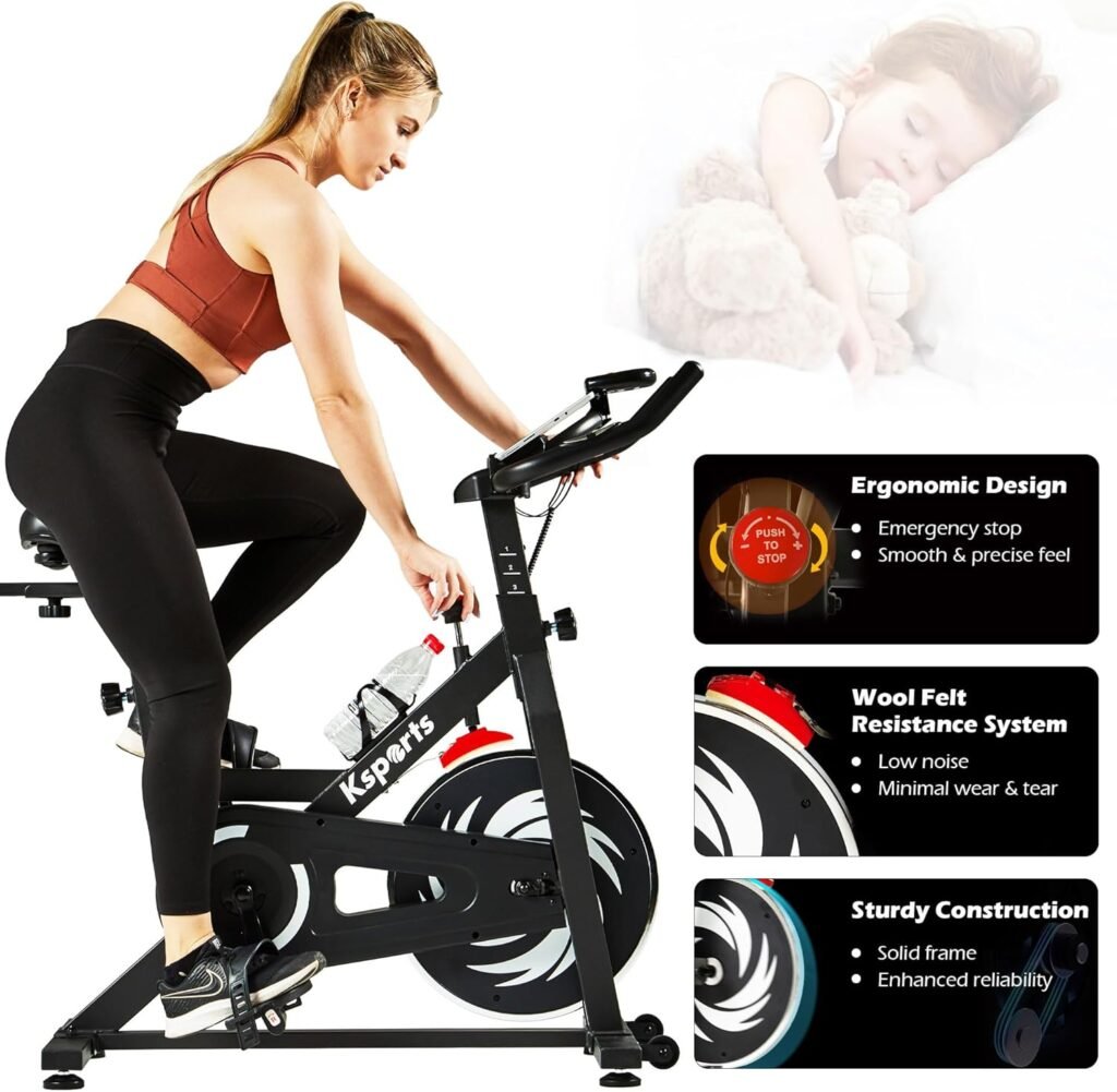 Ksports Home Magnetic Resistance Adjustable Cardio Exercise Stationary Bike for Home Gyms with LCD Screen, Straps, and Ab Mat, Black