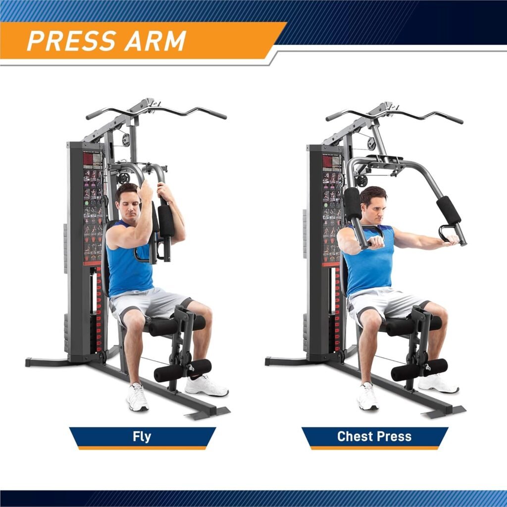 Marcy Dual Functioning Body Fitness Workout 150 Pound Stack Home Gym System with Adjustable Preacher Curler Pad and Overhead Lat Station, White/Black