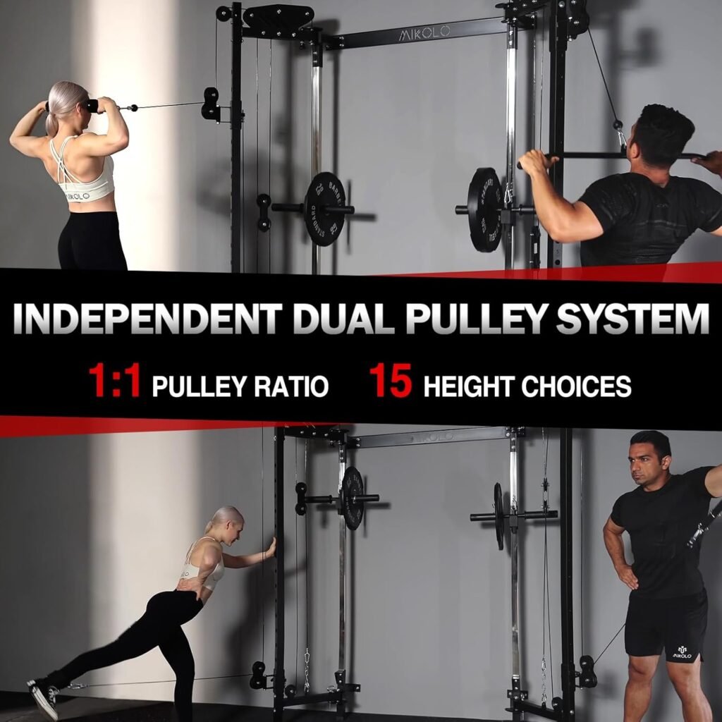 Mikolo Folding Squat Rack, Wall Mounted Power Rack with Cable Crossover Machine  LAT Pull Down Machines, Functional Trainer with 5 Adjustable Function Modes, for Home Gym and Space Saving