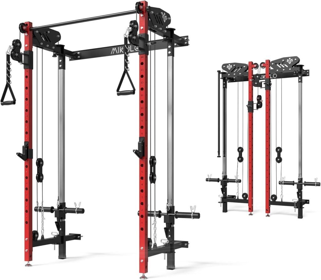 Mikolo Folding Squat Rack, Wall Mounted Power Rack with Cable Crossover Machine  LAT Pull Down Machines, Functional Trainer with 5 Adjustable Function Modes, for Home Gym and Space Saving