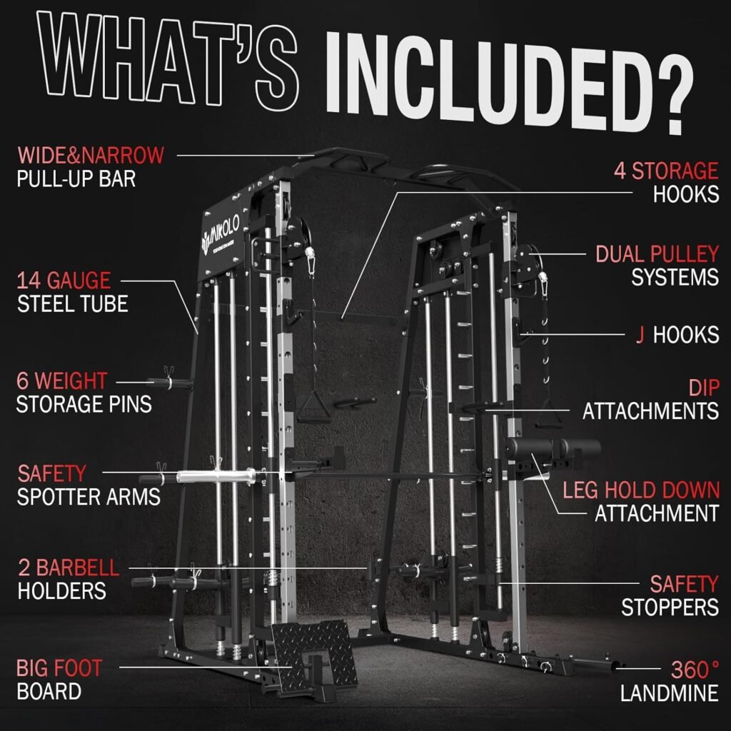 Mikolo Smith Machine Home Gym, 2200lbs Squat Rack with LAT-Pull Down System  Cable Crossover Machine, Training Equipment with Adjustable Weight Bench