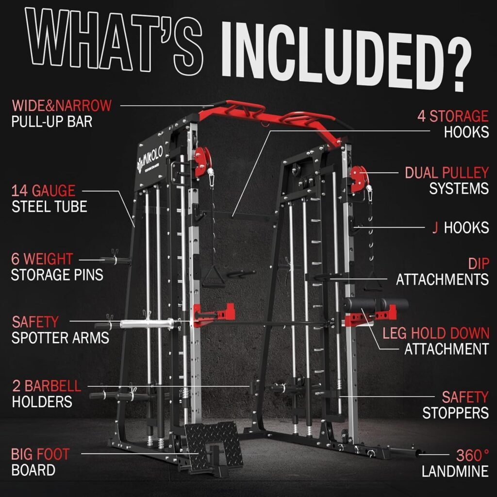 Mikolo Smith Machine Home Gym, 2200lbs Squat Rack with LAT-Pull Down System  Cable Crossover Machine, Training Equipment with Adjustable Weight Bench