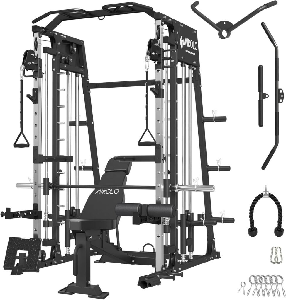 Mikolo Smith Machine Home Gym, 2200lbs Squat Rack with LAT-Pull Down System  Cable Crossover Machine, Training Equipment with Adjustable Weight Bench