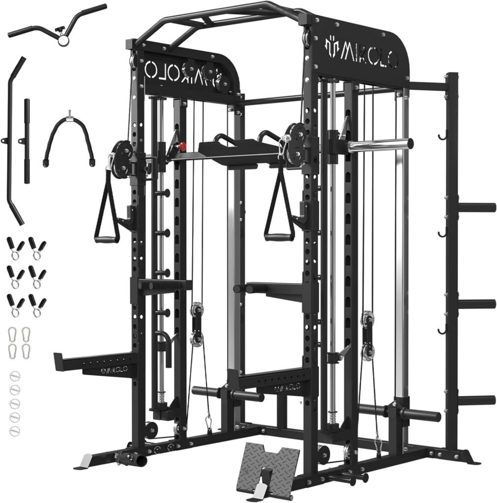 Mikolo Smith Machine, Power Cage with Cable Crossover, Smith Bar and Vertical Leg Press, Power Rack Squat Rack with More Training Attachments