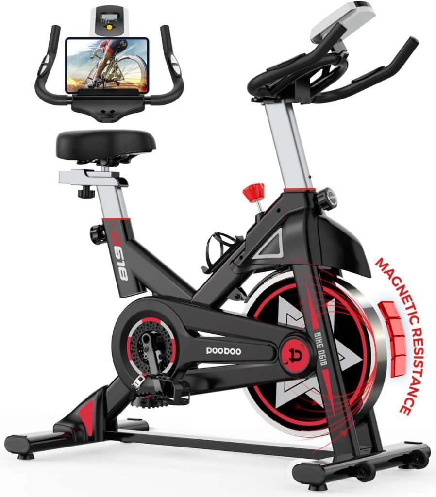 POOBOO Exercise Bike, Stationary Bike for Home Gym, Magnetic Resistance Indoor Cycling Bike w/Comfortable Seat Cushion  Tablet Mount, Silent Belt Drive Indoor Bike for Cardio Workout