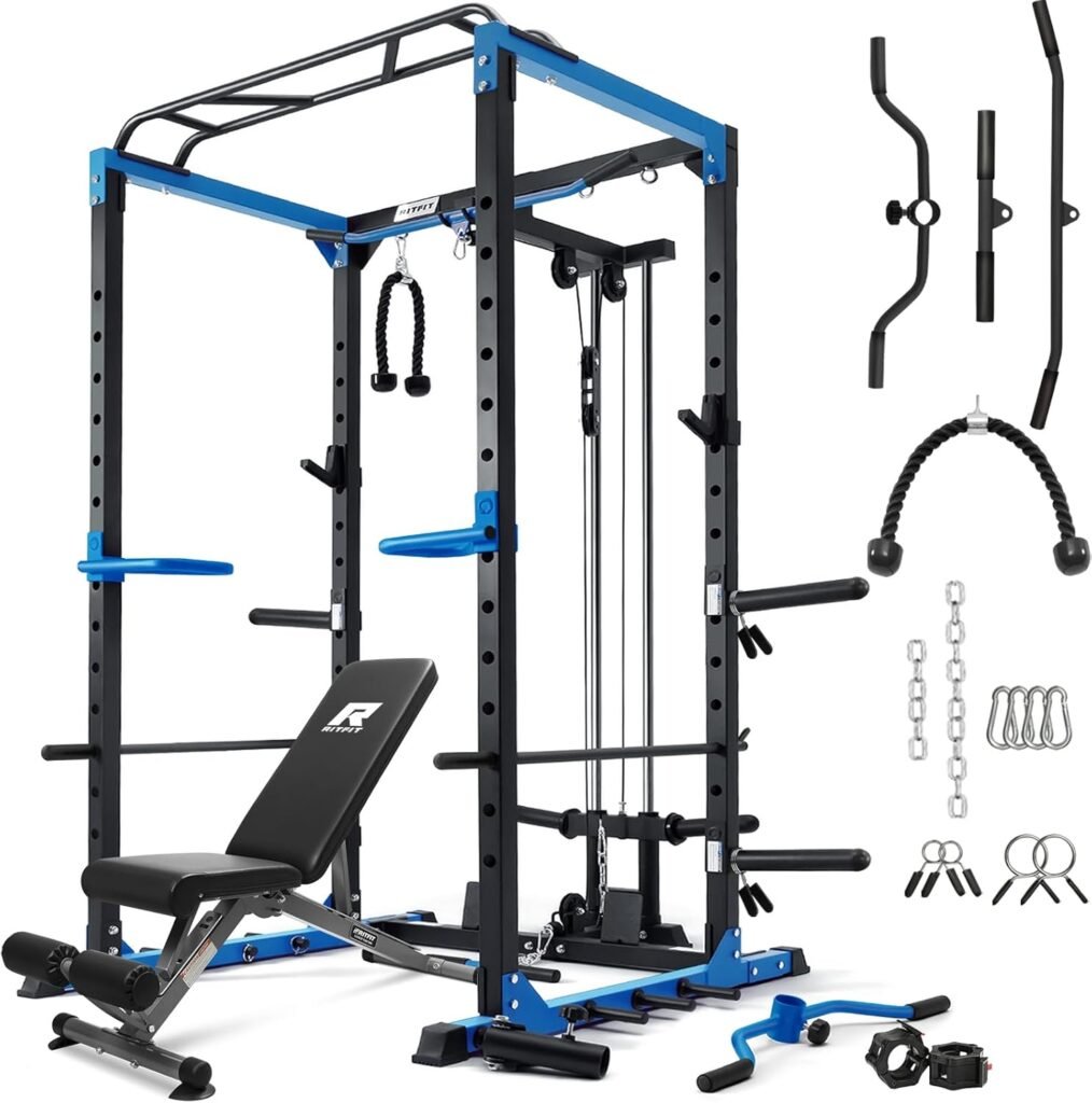 RitFit All-in-One Squat Rack for Home Gym, PPC02C Multi-Function 1000 LBS Capacity Power Cage with LAT Pulldown, Pulley System, Dip Bar, Landmine  More Power Rack Attachments, Package