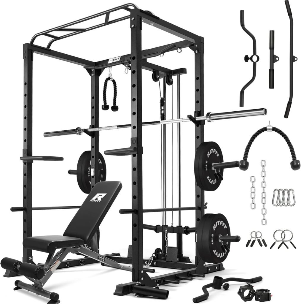 RitFit All-in-One Squat Rack for Home Gym, PPC02C Multi-Function 1000 LBS Capacity Power Cage with LAT Pulldown, Pulley System, Dip Bar, Landmine  More Power Rack Attachments, Package