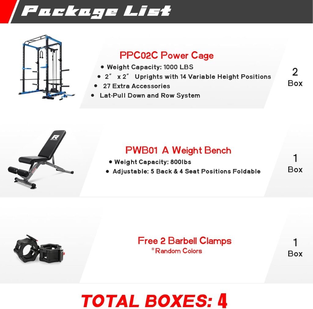 RitFit All-in-One Squat Rack for Home Gym, PPC02C Multi-Function 1000 LBS Capacity Power Cage with LAT Pulldown, Pulley System, Dip Bar, Landmine  More Power Rack Attachments, Package