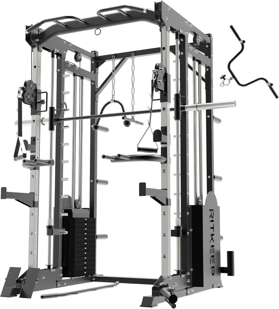 RitKeep PMAX-5600 Professional Fitness Smith Machine with 326lb Weight Stacks, 6 in 1 Home Gym Power Cage with Smith Bar and Two LAT Pull-Down Systems