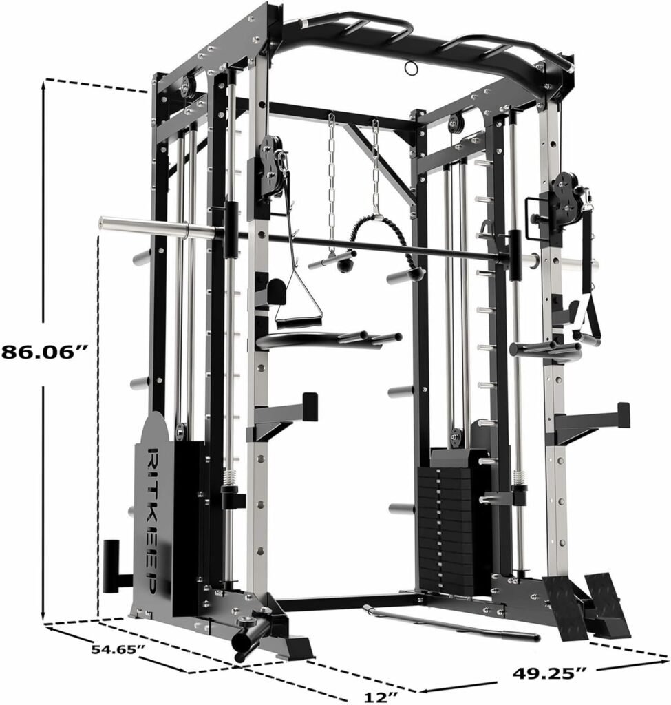 RitKeep PMAX-5600 Professional Fitness Smith Machine with 326lb Weight Stacks, 6 in 1 Home Gym Power Cage with Smith Bar and Two LAT Pull-Down Systems