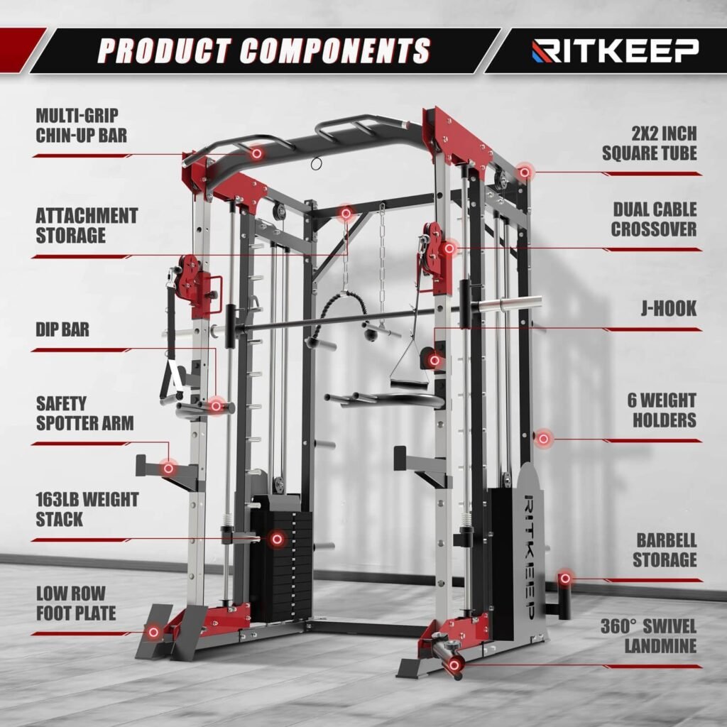 RitKeep PMAX-5600 Professional Fitness Smith Machine with 326lb Weight Stacks, 6 in 1 Home Gym Power Cage with Smith Bar and Two LAT Pull-Down Systems