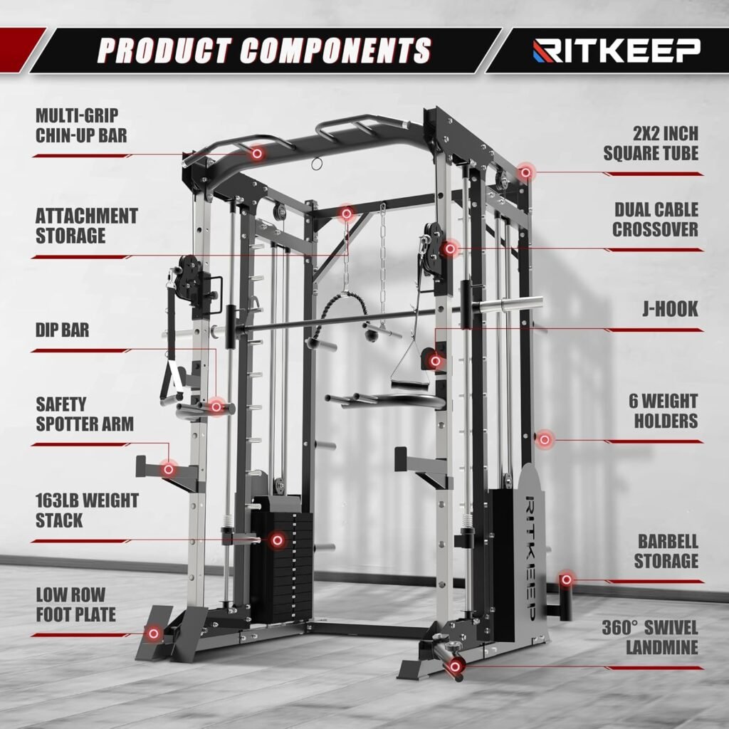RitKeep PMAX-5600 Professional Fitness Smith Machine with 326lb Weight Stacks, 6 in 1 Home Gym Power Cage with Smith Bar and Two LAT Pull-Down Systems