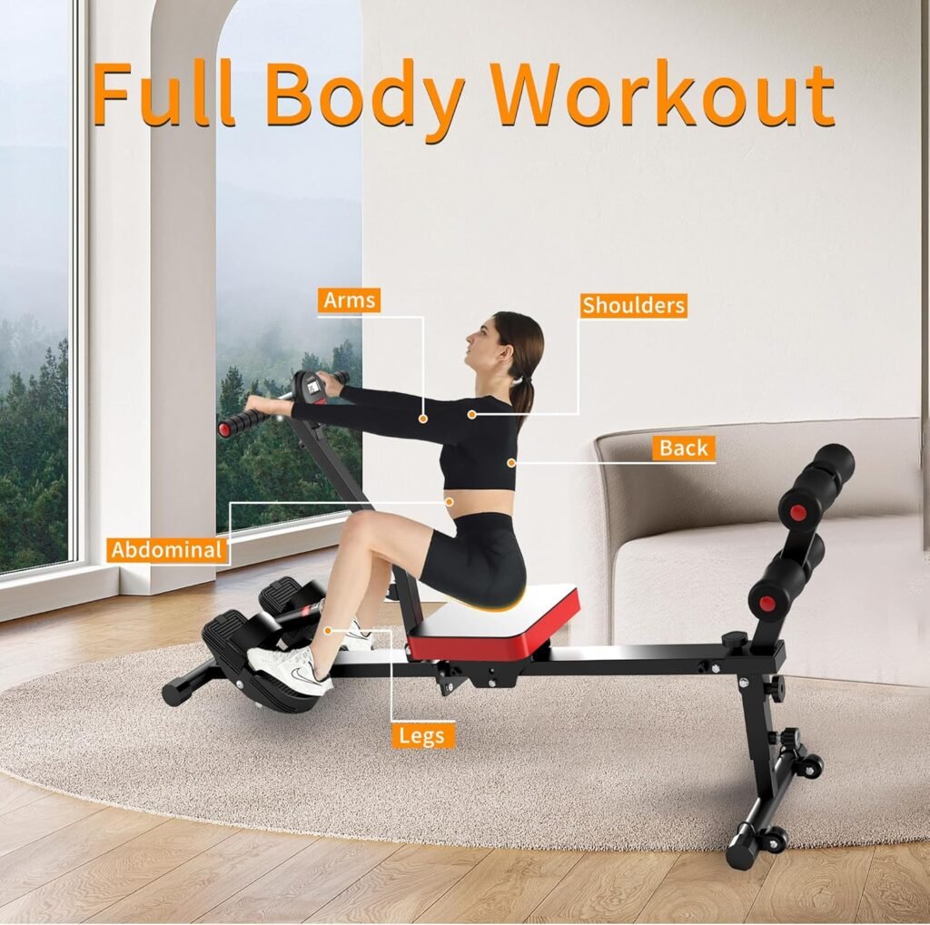 Rowing Machine, 12 Adjustable Resistance, Sliding Seat Cushion with LCD Display, Foldable, Weight Capacity 265lbs, Suitable for Home Use