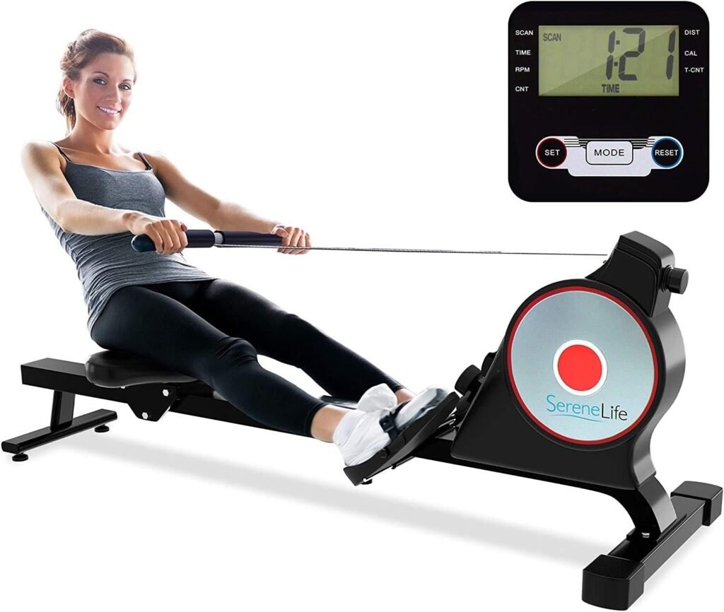 SereneLife Magnetic Rowing Machine with Bluetooth App Fitness Tracking – Foldable Home Gym Exercise Rower with Adjustable Resistant, Easy-Glide Padded Seat, Digital LCD Readout and Reinforced Cable