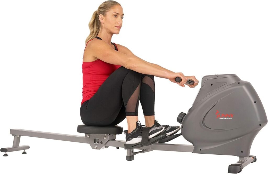 Sunny Health  Fitness Compact Folding Magnetic Rowing Machine with 43 Inch Slide Rail, 285 LB Max Weight, Synergy Power Motion, LCD Digital Monitor, Super Quiet  Smooth, and Ergonomic Foot Pedals