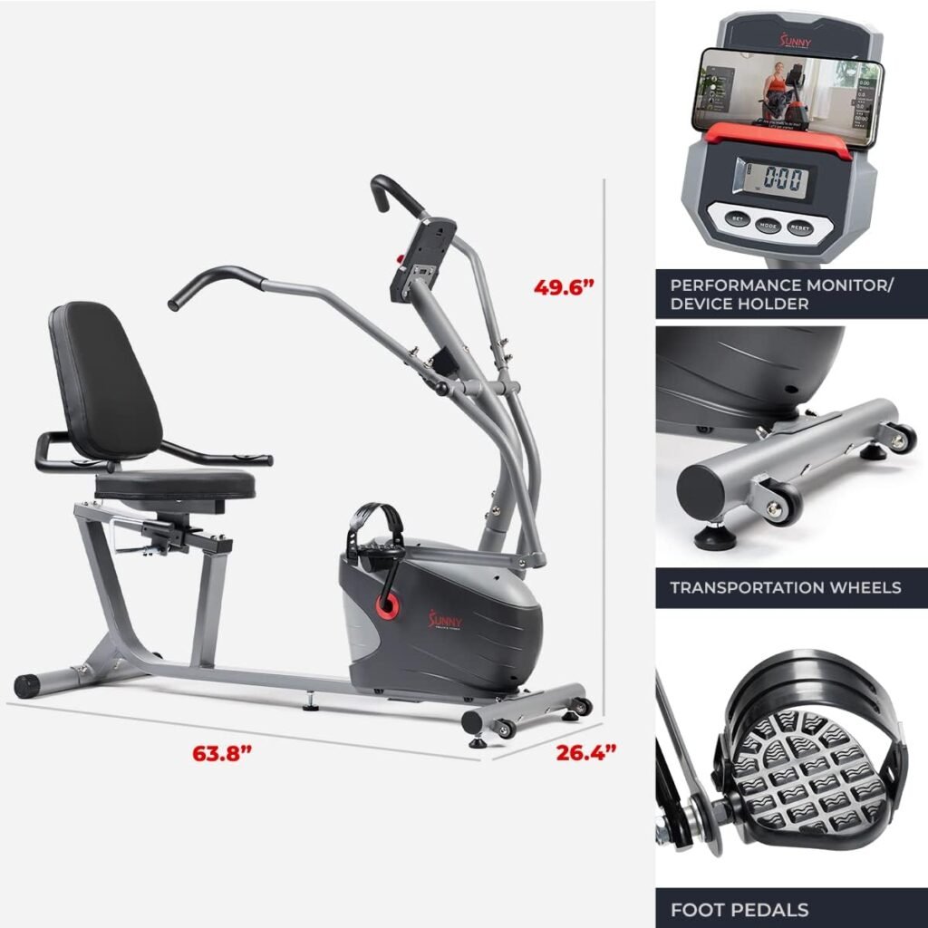 Sunny Health  Fitness Compact Performance Recumbent Bike with Dual Motion Arm Exercisers, Quick Adjust Seat  Optional Exclusive SunnyFit App Enhanced Bluetooth Connectivity