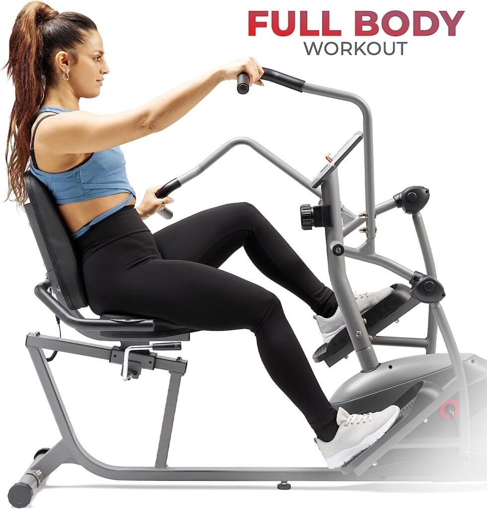 Sunny Health  Fitness Compact Performance Recumbent Bike with Dual Motion Arm Exercisers, Quick Adjust Seat  Optional Exclusive SunnyFit App Enhanced Bluetooth Connectivity