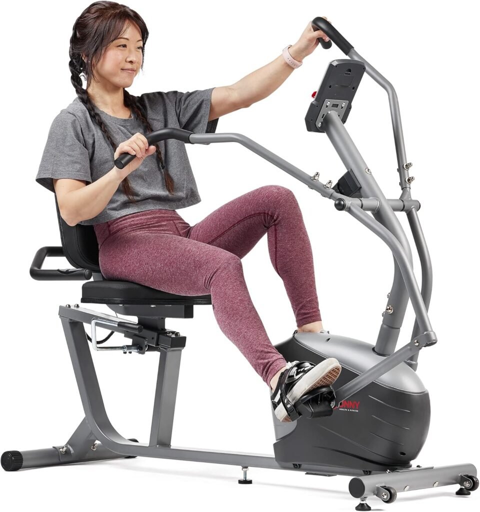 Sunny Health  Fitness Compact Performance Recumbent Bike with Dual Motion Arm Exercisers, Quick Adjust Seat  Optional Exclusive SunnyFit App Enhanced Bluetooth Connectivity