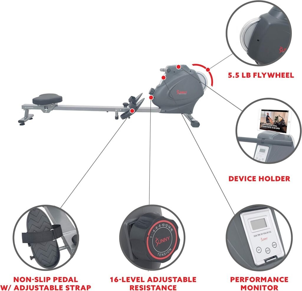 Sunny Health  Fitness Dynamic Rowing Machine w/Optional Exclusive SunnyFit® App Enhanced Bluetooth Connectivity