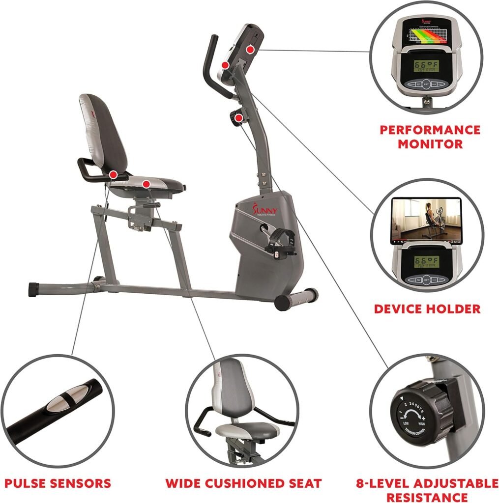 Sunny Health  Fitness Magnetic Recumbent Bike Exercise Bike with Easy Adjustable Seat, Device Holder, RPM and Pulse Rate Monitoring - SF-RB4806, Grey