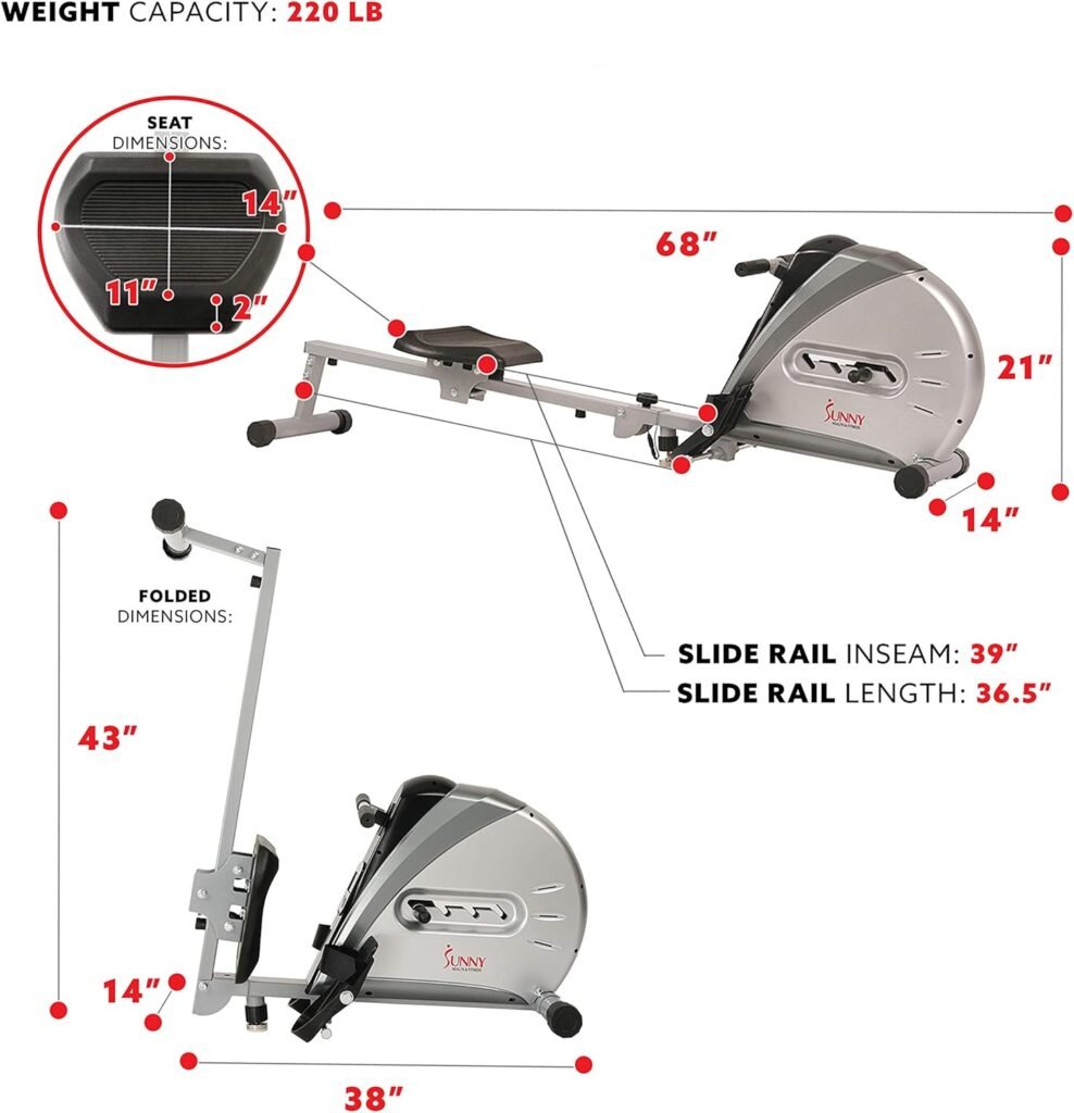 Sunny Health  Fitness Rowing Machine Rower Ergometer with Digital Monitor, Inclined Slide Rail, 220 LB Max Weight and Foldable - SF-RW5606