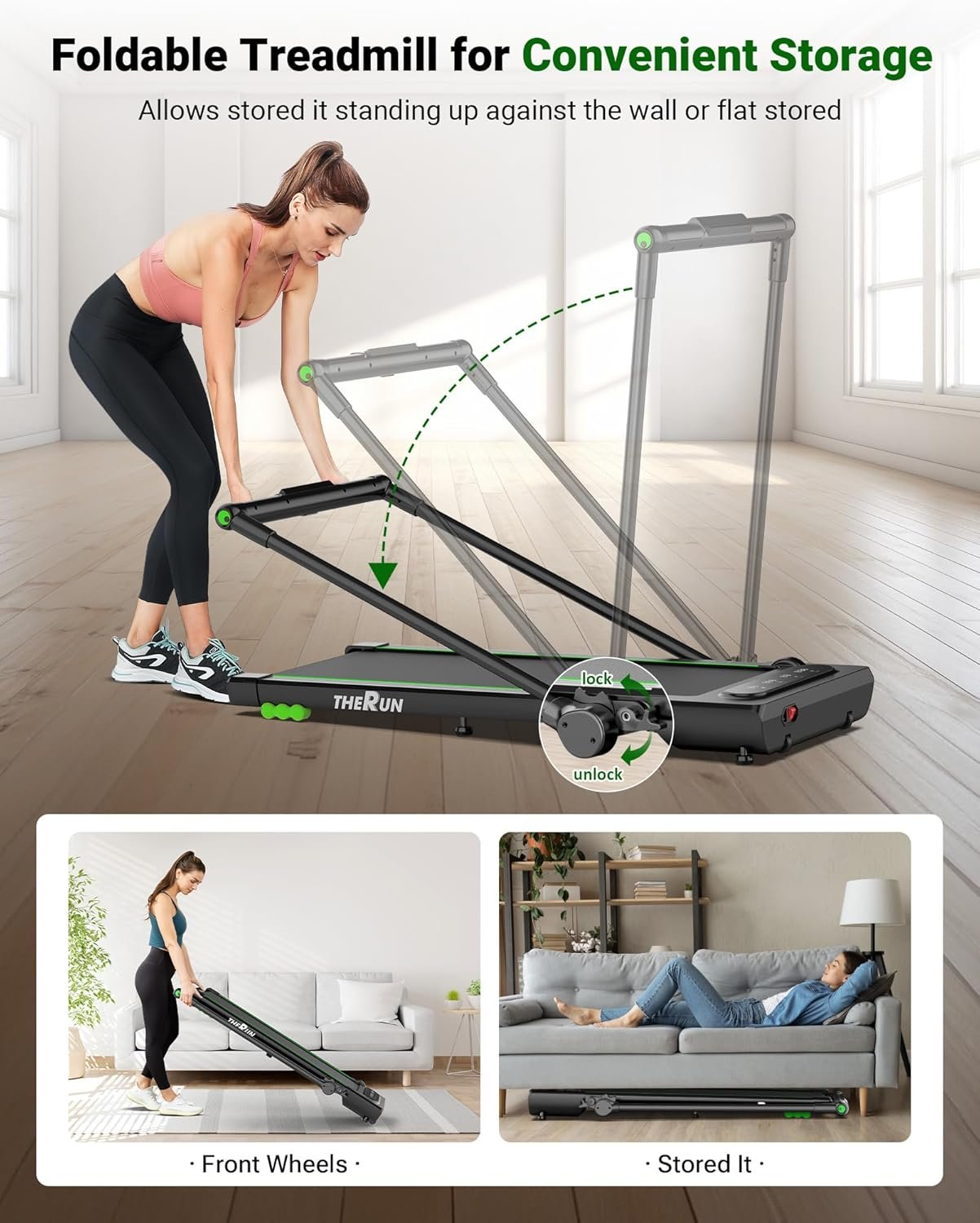 THERUN 2.5HP Treadmill, 2 in 1 Under Desk Walking Pad Treadmill, Electric Compact Space Folding Treadmill for Home Office with LED Touch Screen 0.6-7.6MPH Wider Running Belt, No Assembly Needed